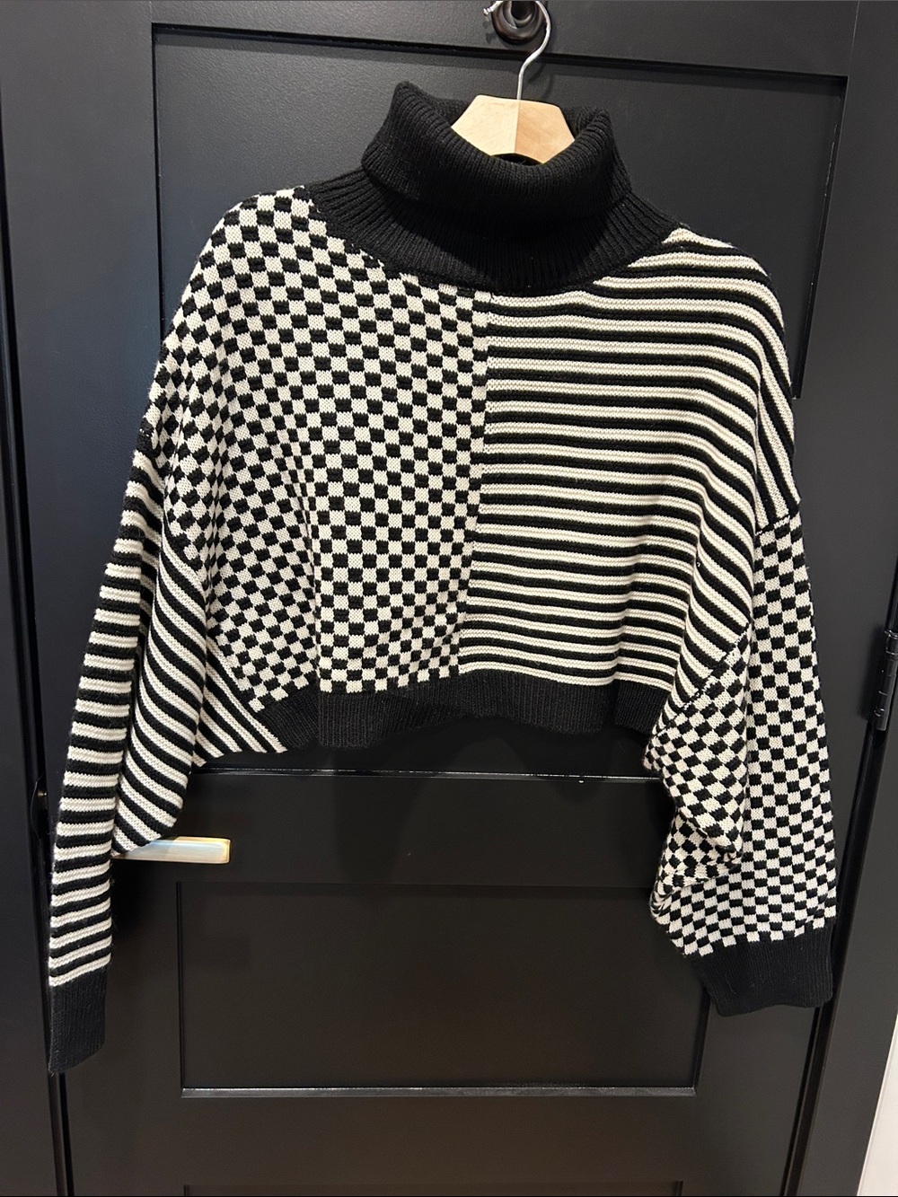 LALAMIA Black & White Patchwork CroppedTurtleneck Sweater - Checkerboard Stripe